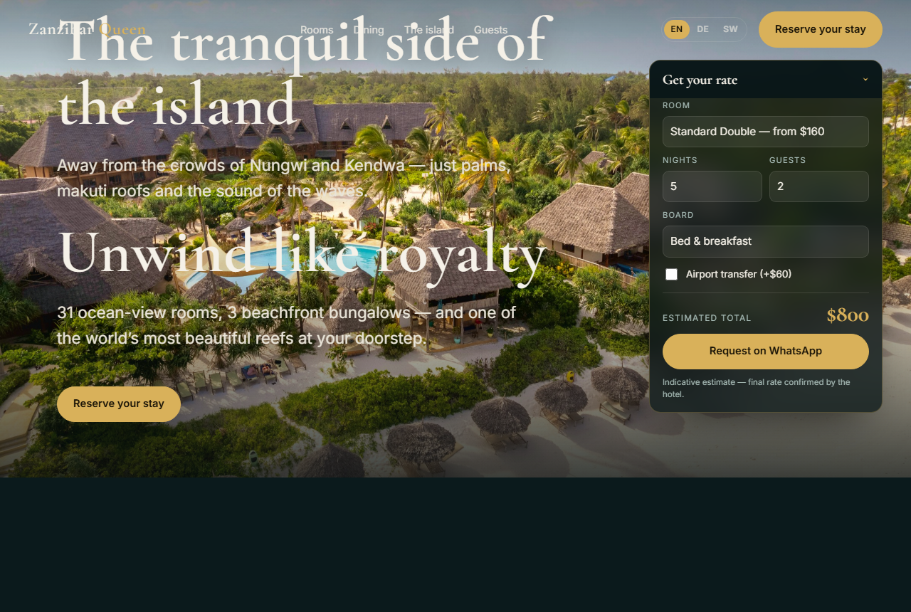 Zanzibar Queen Hotel website